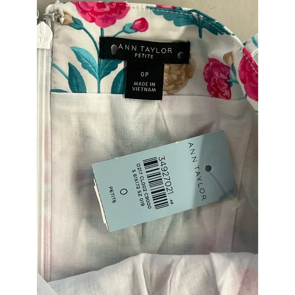 NWT Ann Taylor Sz 0 Petite Floral Scoop Neck Sleeveless Midi Sheath Dress Preppy